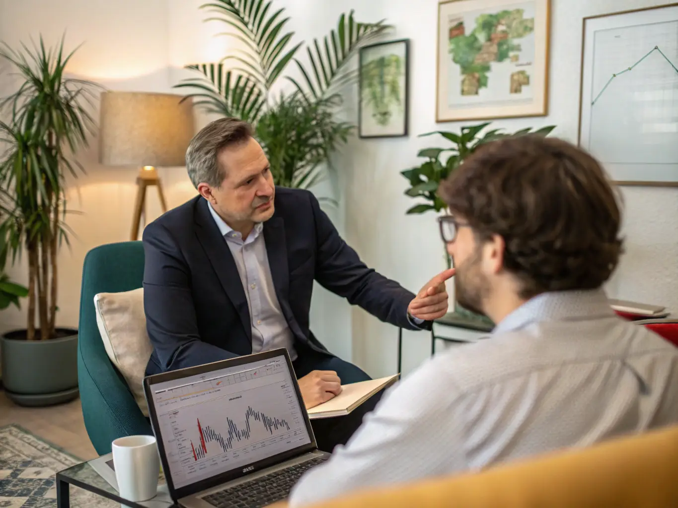 An advisor presenting financial data and insights to a client, highlighting the financial expertise offered by Stellaris Advisors.