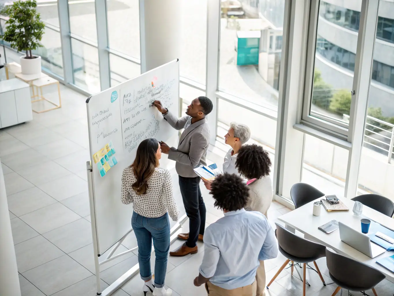 A diverse team of business advisors brainstorming in a modern, collaborative workspace, symbolizing the breadth of expertise at Stellaris Advisors.